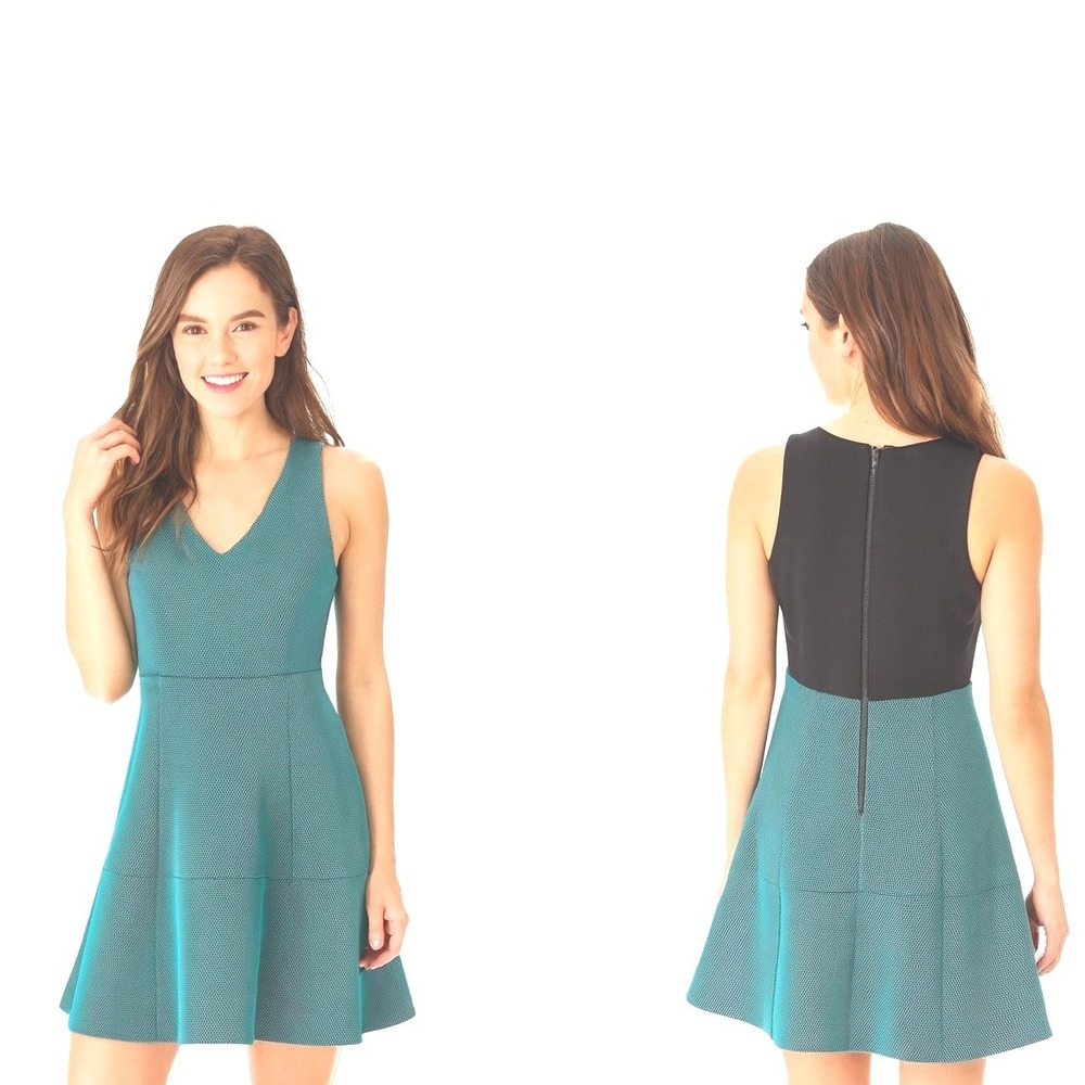 Sachin‎ & Babi Womens 6 Teal Black Honeycomb Skater Dress V-Neck Flared Party